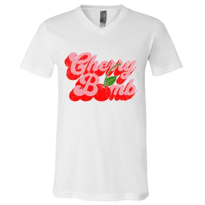 Cherry Bomb Retro 70s Vintage Style Cute V-Neck T-Shirt