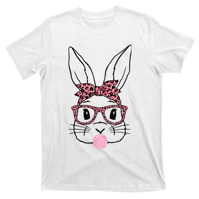 Cute Bunny Rabbit Face Leopard Glasses Girl Happy Easter Day T-Shirt