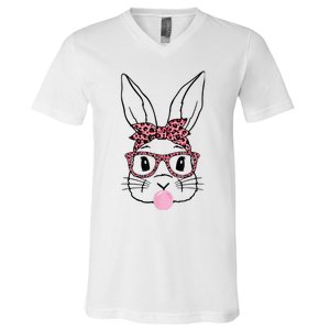 Cute Bunny Rabbit Face Leopard Glasses Girl Happy Easter Day V-Neck T-Shirt