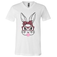 Cute Bunny Rabbit Face Leopard Glasses Girl Happy Easter Day V-Neck T-Shirt