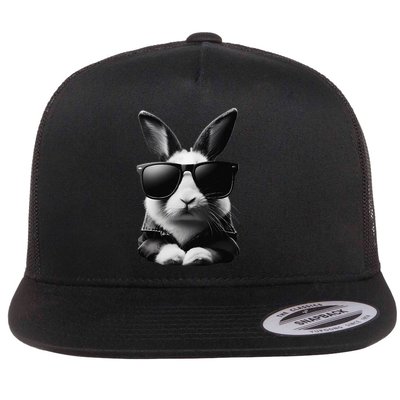 Cool Bunny Rabbit With Sunglasses Jacket Easter Realistic Flat Bill Trucker Hat