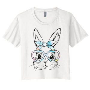 Cute Bunny Rabbit Face Tie Dye Glasses Girl Happy Easter Day Women's Crop Top Tee