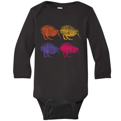 Cute Bird Retro Kiwi Nz New Zealand Baby Long Sleeve Bodysuit