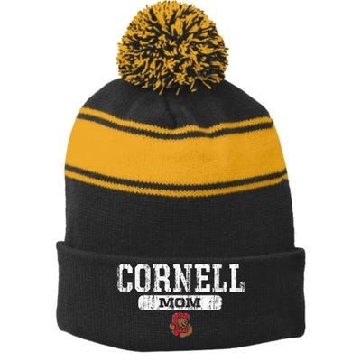 Cornell Big Red Mom Block Pill Icon Stripe Pom Pom Beanie