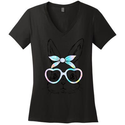 Cute Bunny Rabbit Face Tie Dye Glasses Girl Happy Easter Day Women's V-Neck T-Shirt