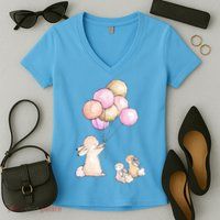 Cute Bunny Rabbit Balloon Women's V-Neck T-Shirt