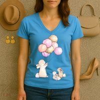 Cute Bunny Rabbit Balloon Women's V-Neck T-Shirt