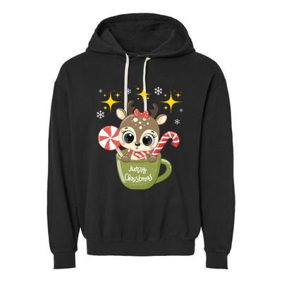 Cute Baby Reindeer Wishes Merry Christmas Garment-Dyed Fleece Hoodie