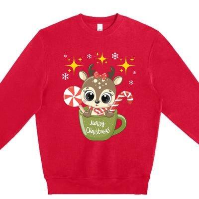 Cute Baby Reindeer Wishes Merry Christmas Premium Crewneck Sweatshirt