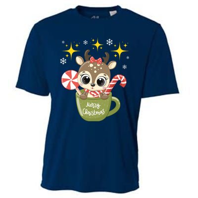 Cute Baby Reindeer Wishes Merry Christmas Cooling Performance Crew T-Shirt