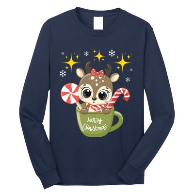 Cute Baby Reindeer Wishes Merry Christmas Long Sleeve Shirt