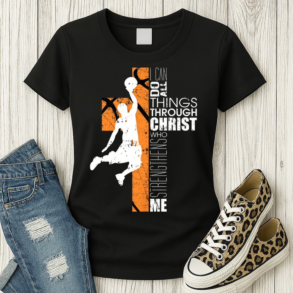Christian Basketball Religious Bible Verse Philippians 4:13 Womens T-Shirt