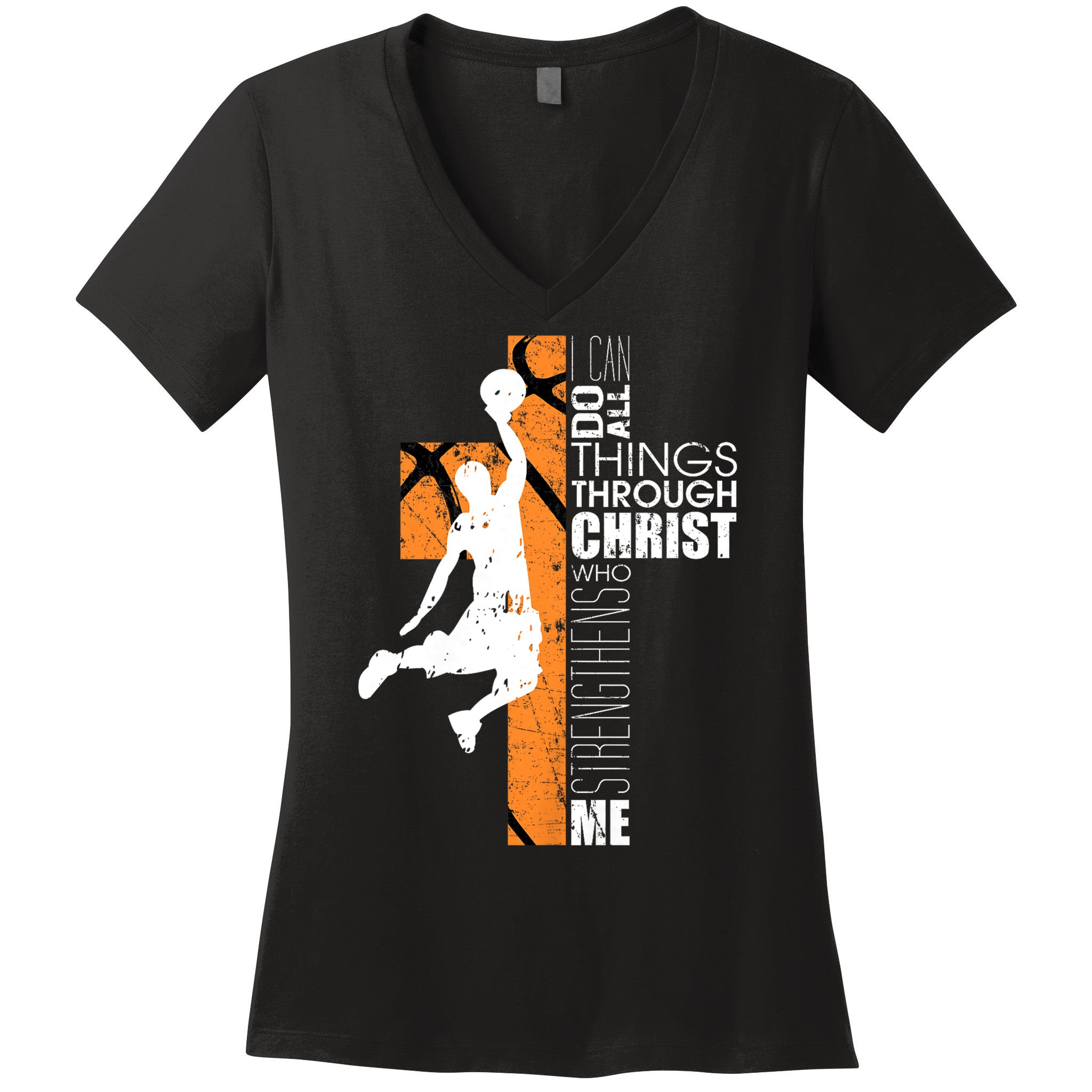 Christian Basketball Religious Bible Verse Philippians 4:13 Women's V-Neck T-Shirt