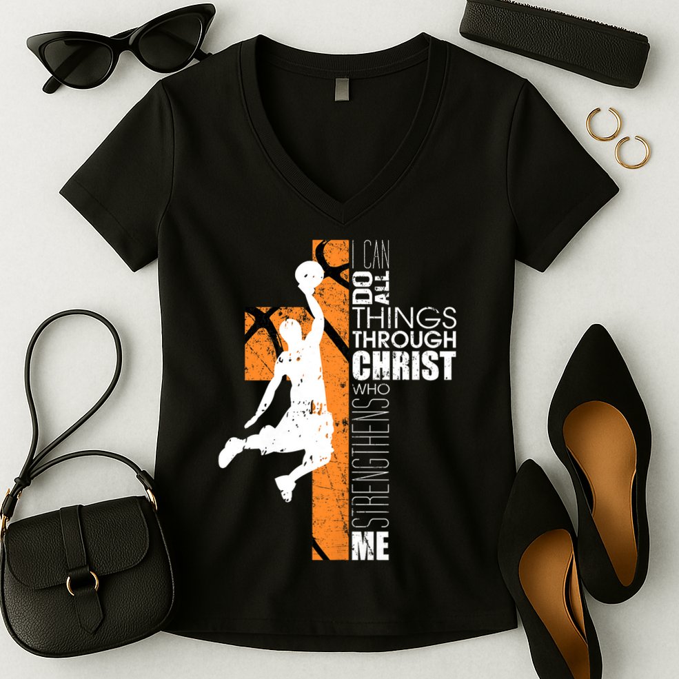 Christian Basketball Religious Bible Verse Philippians 4:13 Women's V-Neck T-Shirt