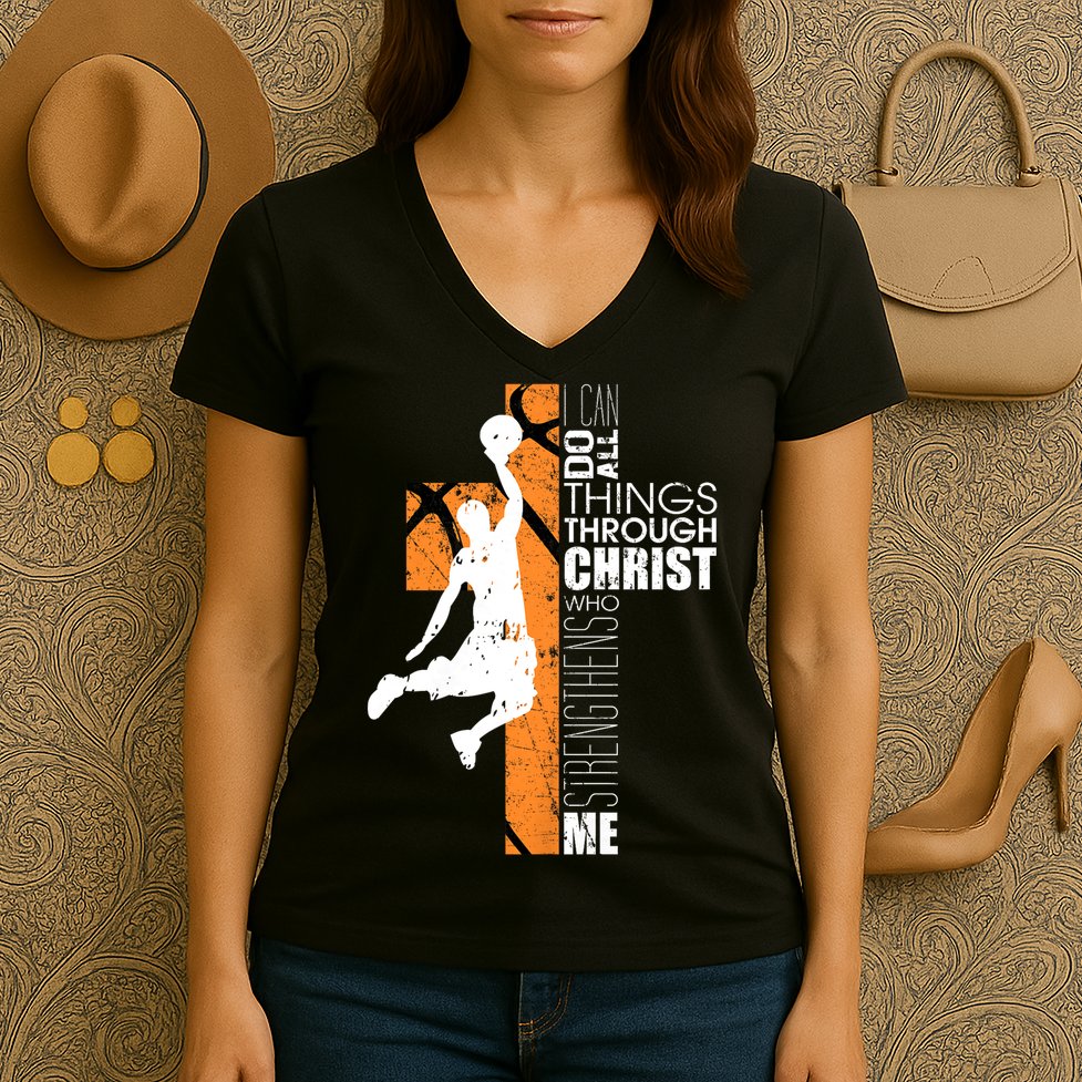 Christian Basketball Religious Bible Verse Philippians 4:13 Women's V-Neck T-Shirt