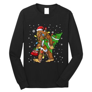 Christmas Bigfoot Santa Hat Tree Lights Xmas Sasquatch Funn Long Sleeve Shirt