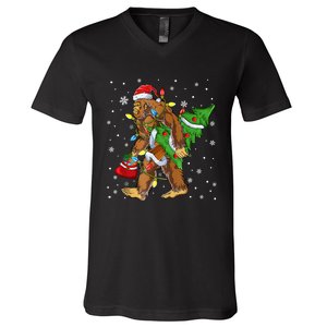 Christmas Bigfoot Santa Hat Tree Lights Xmas Sasquatch Funn V-Neck T-Shirt