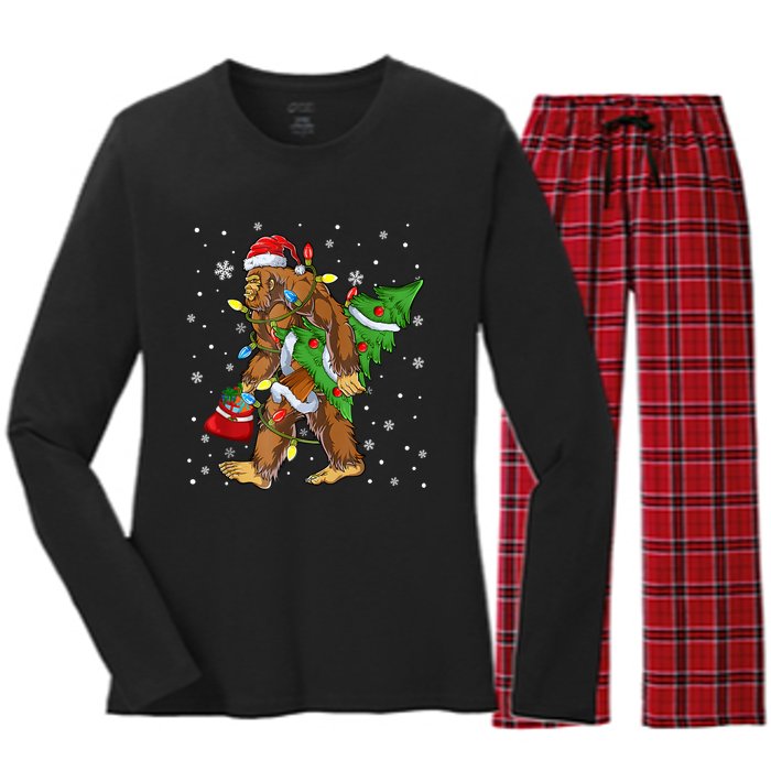 Christmas Bigfoot Santa Hat Tree Lights Xmas Sasquatch Funn Women's Long Sleeve Flannel Pajama Set 