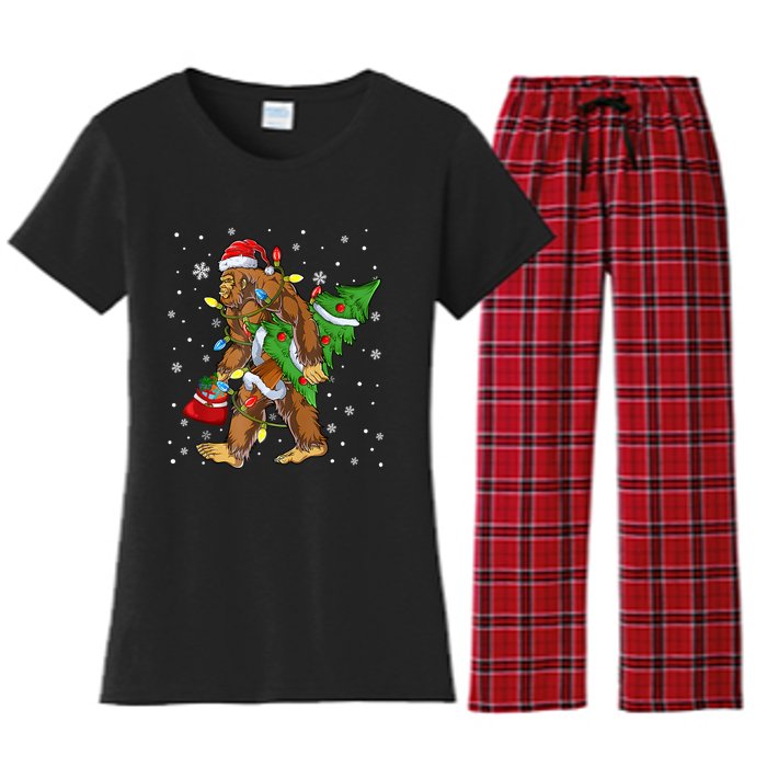 Christmas Bigfoot Santa Hat Tree Lights Xmas Sasquatch Funn Women's Flannel Pajama Set