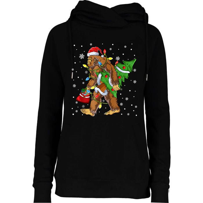 Christmas Bigfoot Santa Hat Tree Lights Xmas Sasquatch Funn Womens Funnel Neck Pullover Hood