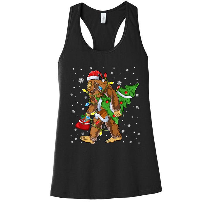 Christmas Bigfoot Santa Hat Tree Lights Xmas Sasquatch Funn Women's Racerback Tank