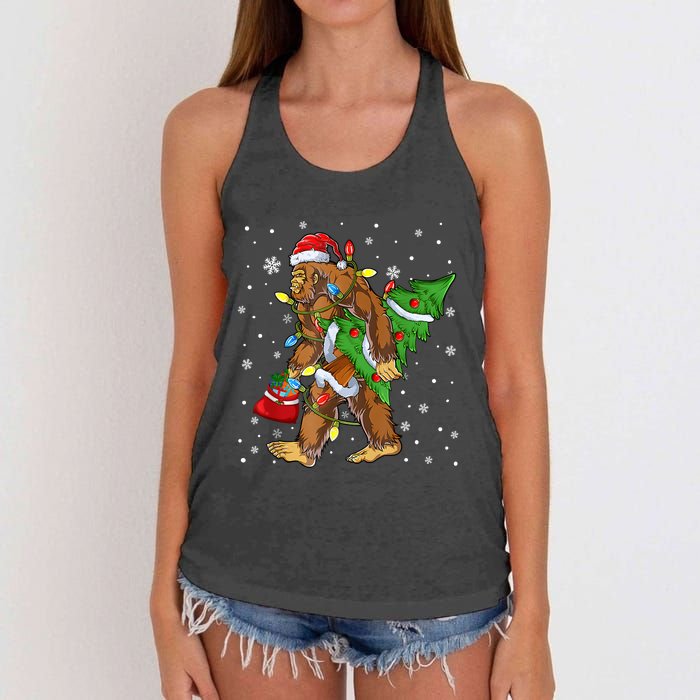 Christmas Bigfoot Santa Hat Tree Lights Xmas Sasquatch Funn Women's Knotted Racerback Tank