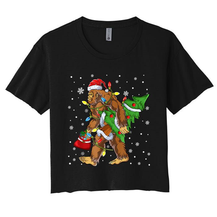 Christmas Bigfoot Santa Hat Tree Lights Xmas Sasquatch Funn Women's Crop Top Tee