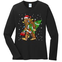 Christmas Bigfoot Santa Hat Tree Lights Xmas Sasquatch Funn Ladies Long Sleeve Shirt