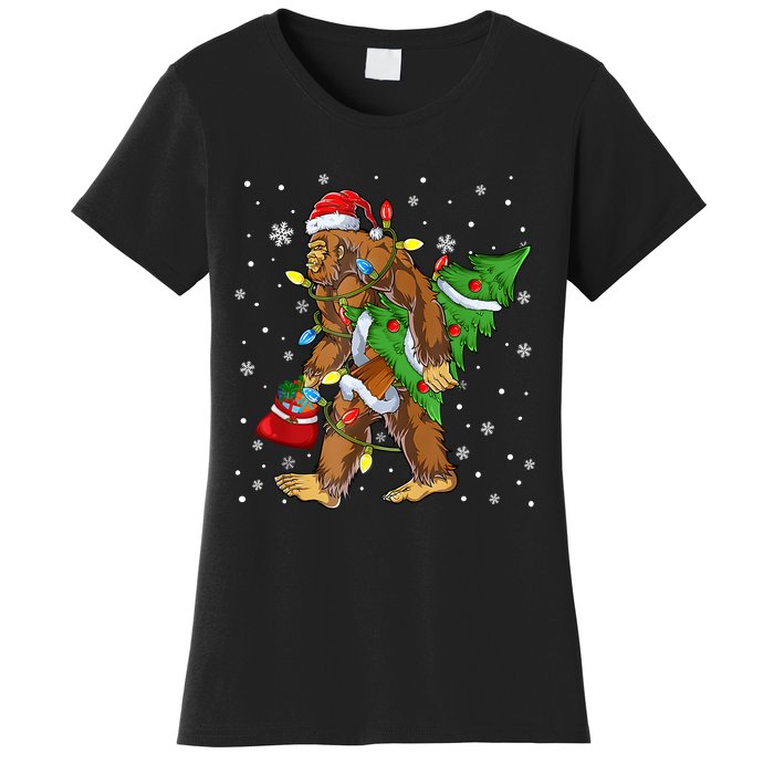 Christmas Bigfoot Santa Hat Tree Lights Xmas Sasquatch Funn Women's T-Shirt