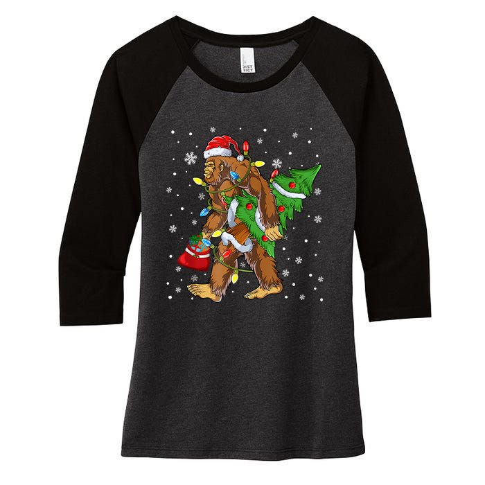 Christmas Bigfoot Santa Hat Tree Lights Xmas Sasquatch Funn Women's Tri-Blend 3/4-Sleeve Raglan Shirt