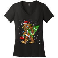 Christmas Bigfoot Santa Hat Tree Lights Xmas Sasquatch Funn Women's V-Neck T-Shirt