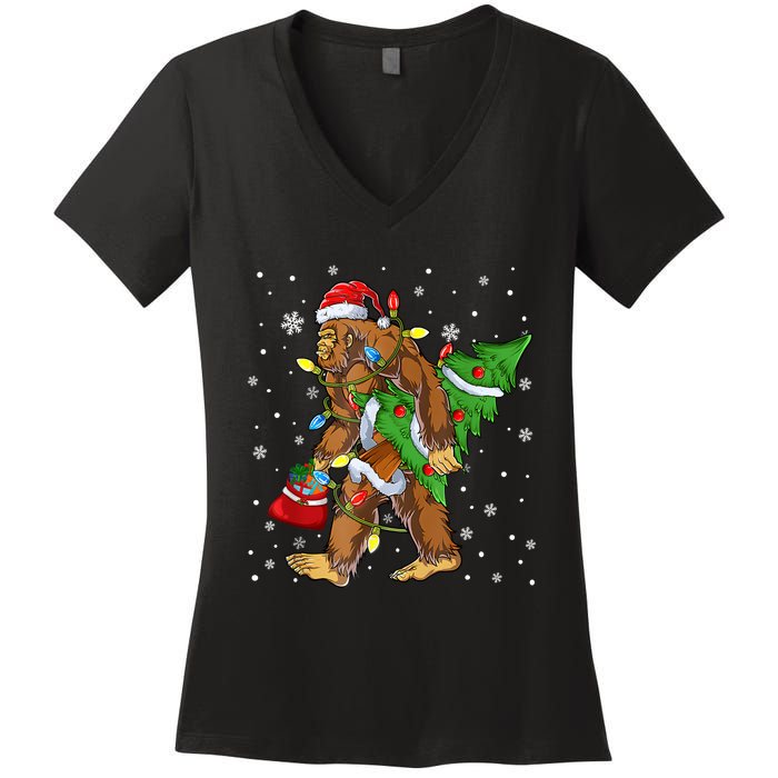 Christmas Bigfoot Santa Hat Tree Lights Xmas Sasquatch Funn Women's V-Neck T-Shirt