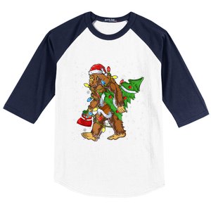 Christmas Bigfoot Santa Hat Tree Lights Xmas Sasquatch Funn Baseball Sleeve Shirt