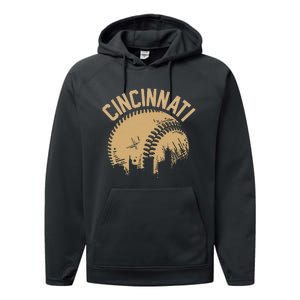 Cincinnati Baseball Skyline Ohio Player Coach Fan Performance Fleece Hoodie