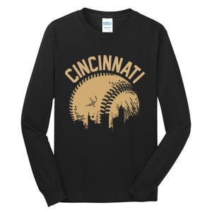 Cincinnati Baseball Skyline Ohio Player Coach Fan Tall Long Sleeve T-Shirt