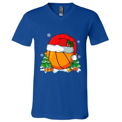 Cool Basketball Santa Hat Christmas Tree Basketball Lover Gift V-Neck T-Shirt