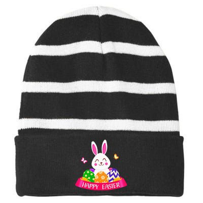 Cute Bunny Spring Hunt Eggs Rabbit Happy Easter Day Outfit Striped Beanie with Solid Band