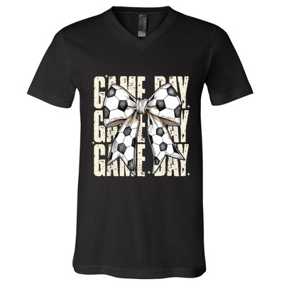 Coquette Bow Soccer Funny Game Day Soccer V-Neck T-Shirt