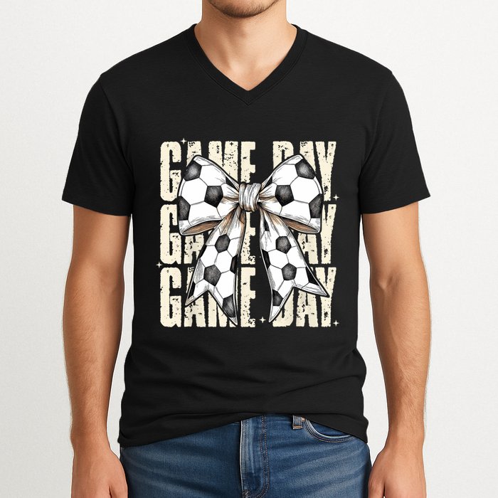 Coquette Bow Soccer Funny Game Day Soccer V-Neck T-Shirt