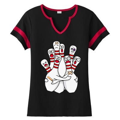 Cartoon Bowling Scared Bowling Pins Funny Sport Bowler Ladies Halftime Notch Neck Tee