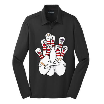 Cartoon Bowling Scared Bowling Pins Funny Sport Bowler Silk Touch Performance Long Sleeve Polo