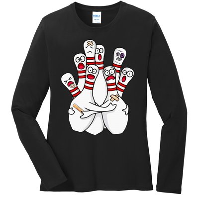 Cartoon Bowling Scared Bowling Pins Funny Sport Bowler Ladies Long Sleeve Shirt