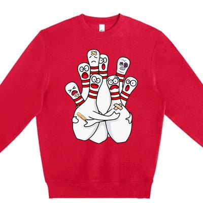 Cartoon Bowling Scared Bowling Pins Funny Sport Bowler Premium Crewneck Sweatshirt