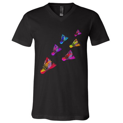 Colorful Badminton Shuttlecock Art Sports V-Neck T-Shirt