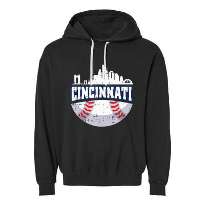 Cincinnati Baseball Skyline Ohio Baseball Player Gift Garment-Dyed Fleece Hoodie