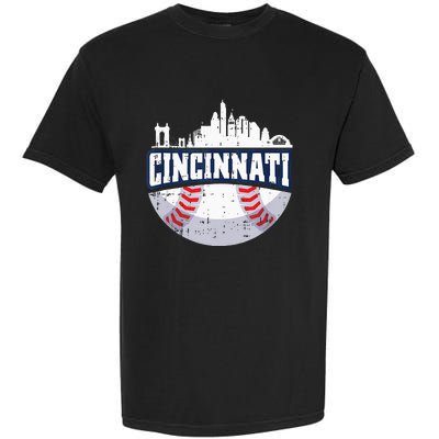 Cincinnati Baseball Skyline Ohio Baseball Player Gift Garment-Dyed Heavyweight T-Shirt