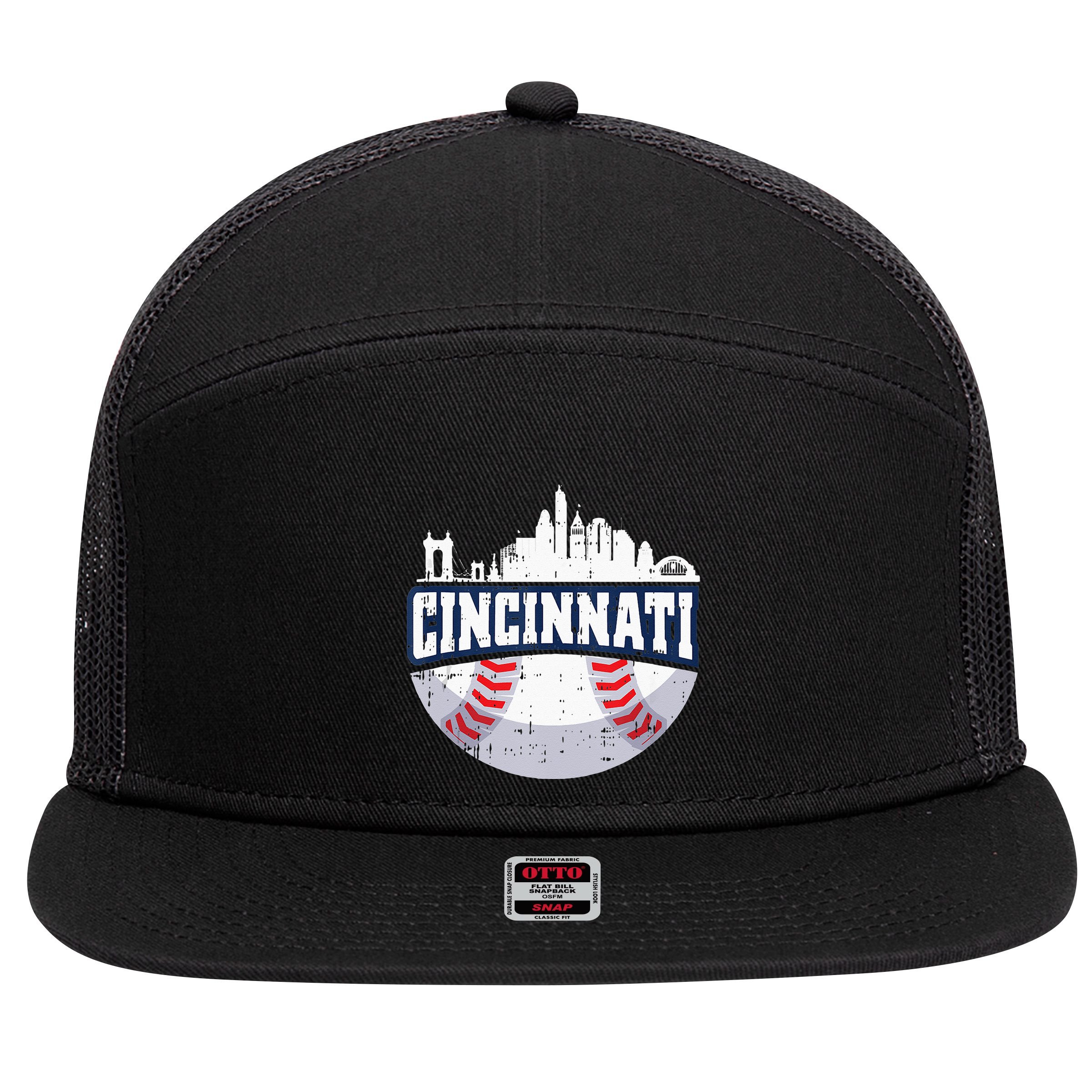 Cincinnati Baseball Skyline Ohio Baseball Player Gift 7 Panel Mesh Trucker Snapback Hat