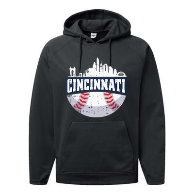 Cincinnati Baseball Skyline Ohio Baseball Player Gift Performance Fleece Hoodie