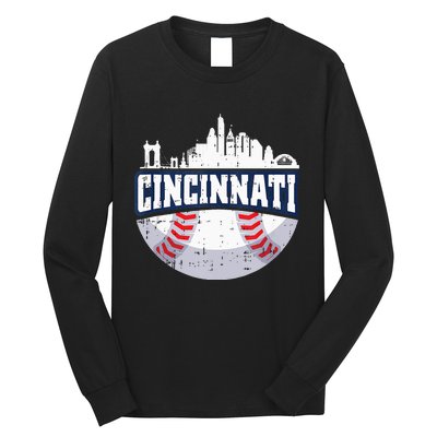 Cincinnati Baseball Skyline Ohio Baseball Player Gift Long Sleeve Shirt