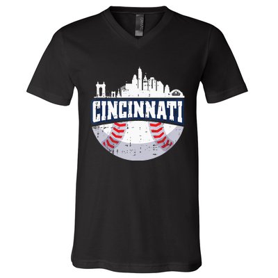 Cincinnati Baseball Skyline Ohio Baseball Player Gift V-Neck T-Shirt